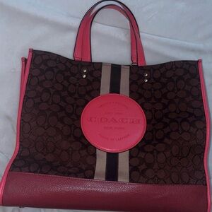 Coach Brown Signature Canvas Tote with Pink Trim